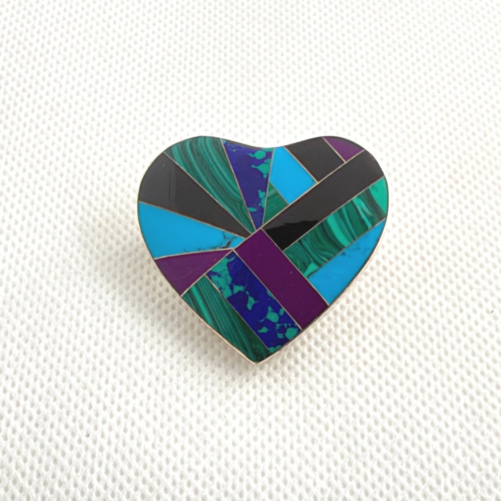 Mexico Taxco Heart Brooch/Pendant Multi Stone Inlay Silver 925 OS
